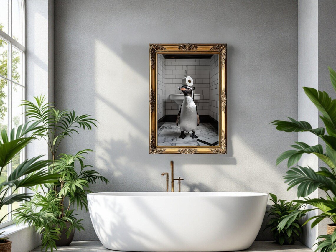 Penguin Balancing Toilet Paper On Head Funny Bathroom Animal Poster - Image 3
