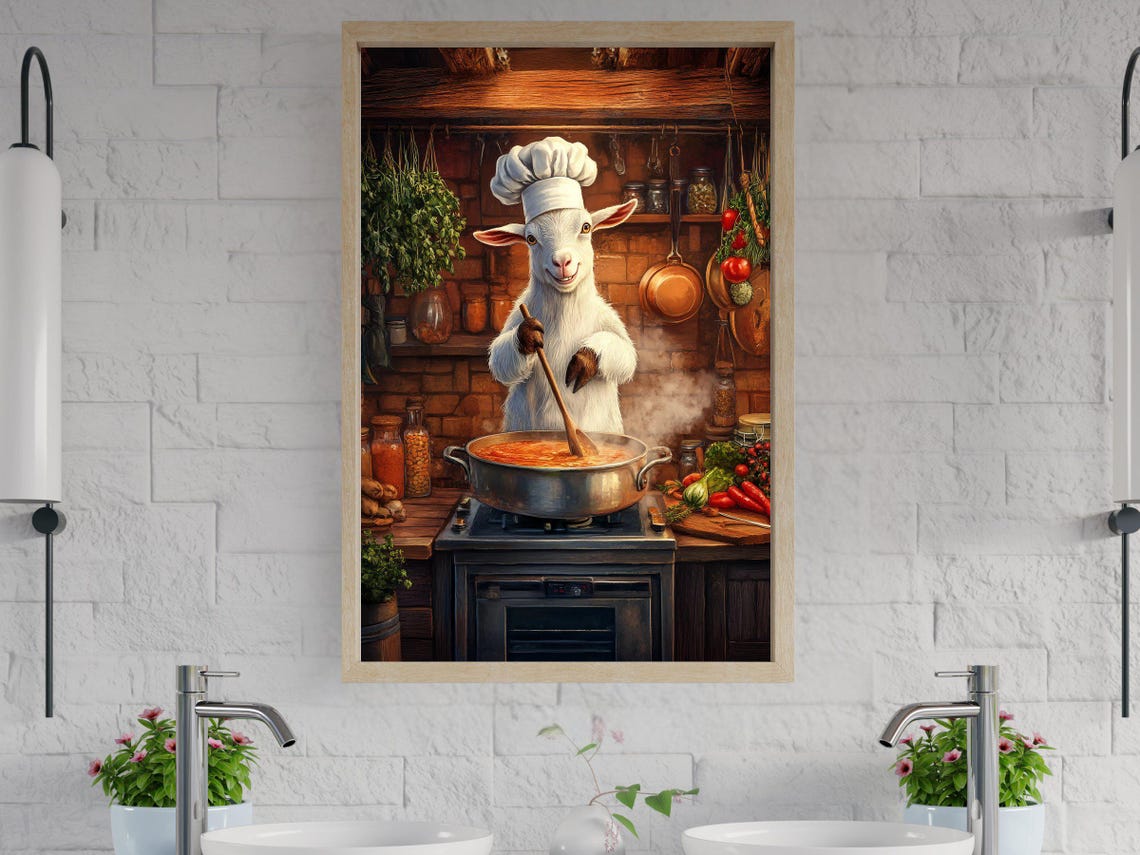 Goat Chef in a Toque Stirring a Steaming Pot Rustic Kitchen Poster