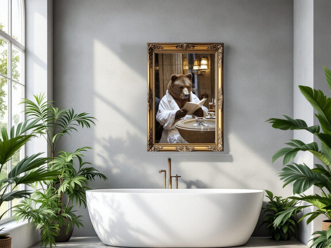 Brown Bear in a Bathrobe Reading a Book Beside the Sink Poster - Image 3