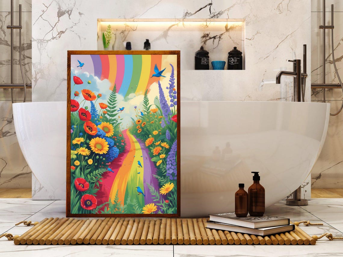Rainbow Path Wildflower Garden Bluebirds Meadow Scene Art Print - Image 5