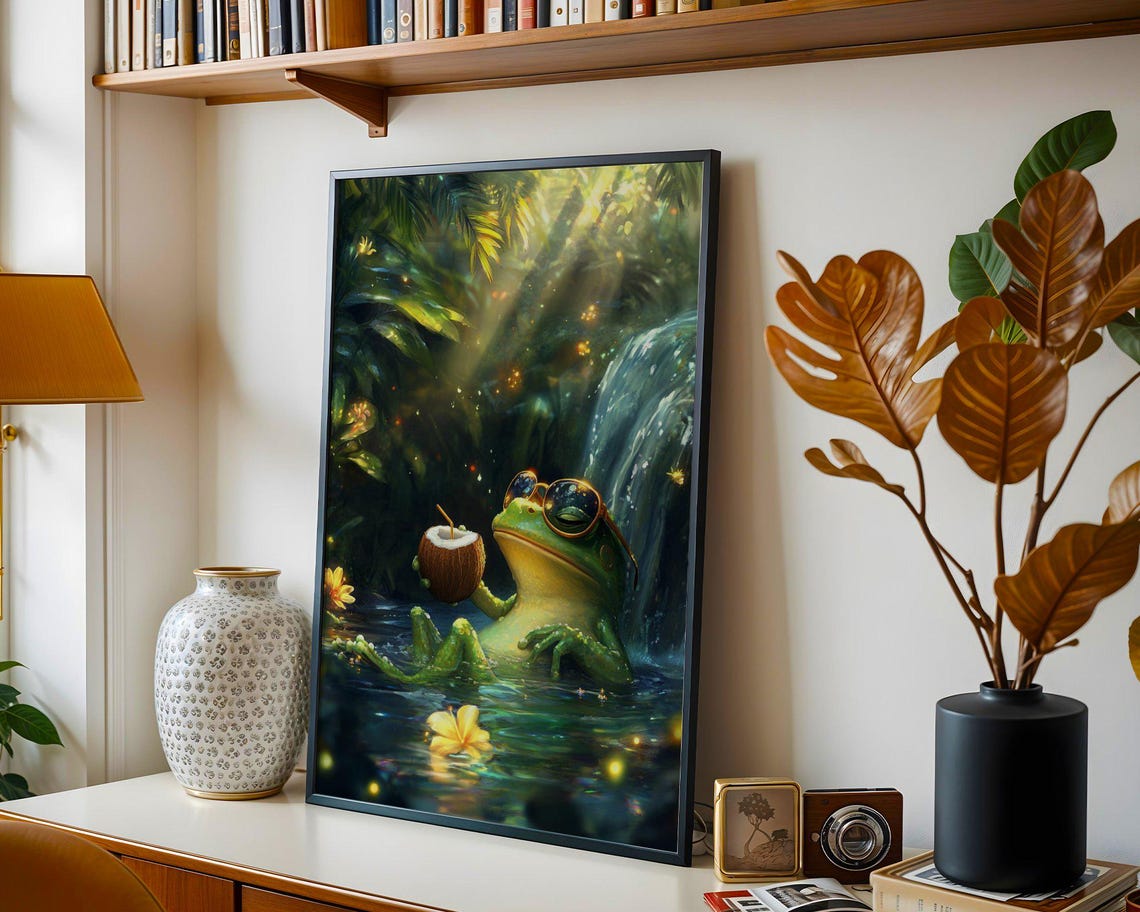 Relaxed Frog With Sunglasses Sipping Coconut by Waterfall Poster - Image 4