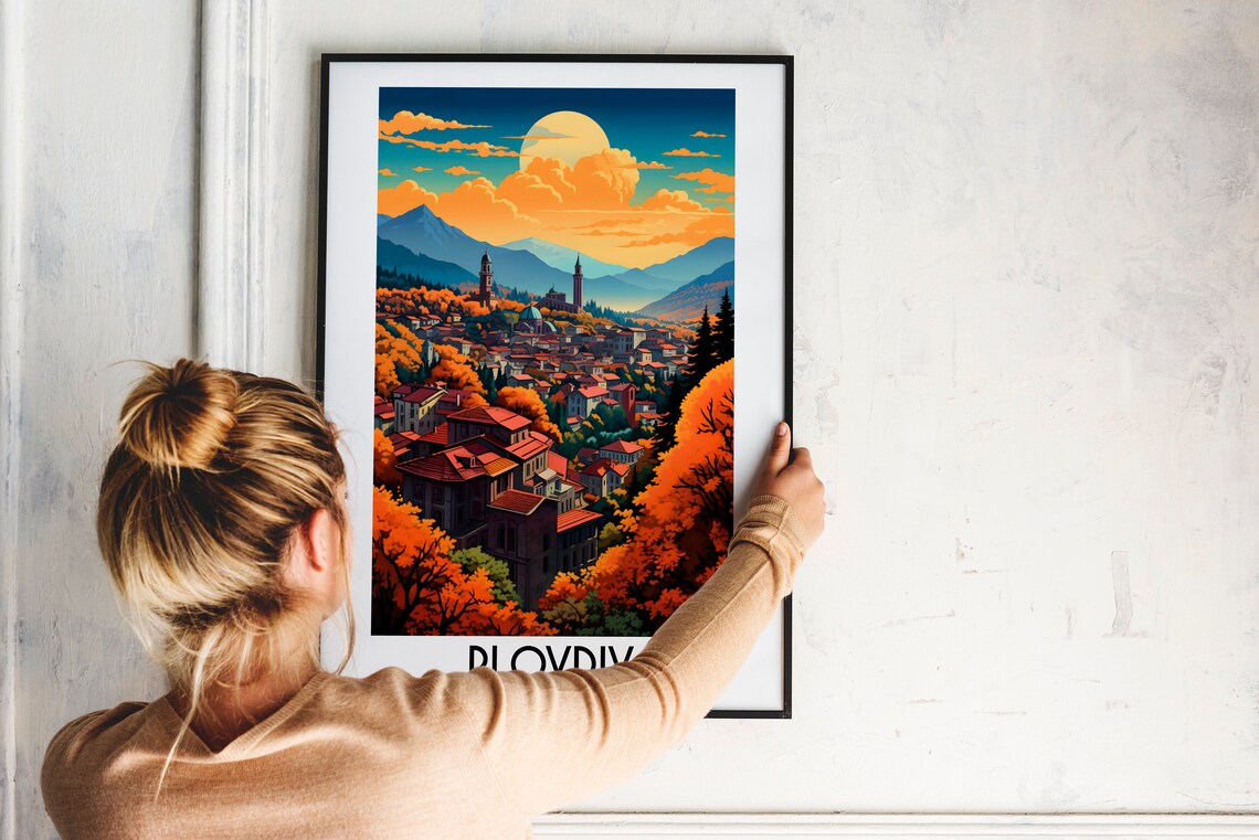 Plovdiv Bulgaria Old Town Moonrise Mountain Sunset Travel Poster - Image 2