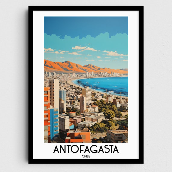 Antofagasta Modern Towers Curving Beach Orange Mountains Chile Travel Poster