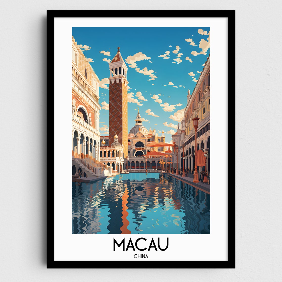 Macau China Venetian Canal Bell Tower Domed Church Evening Poster