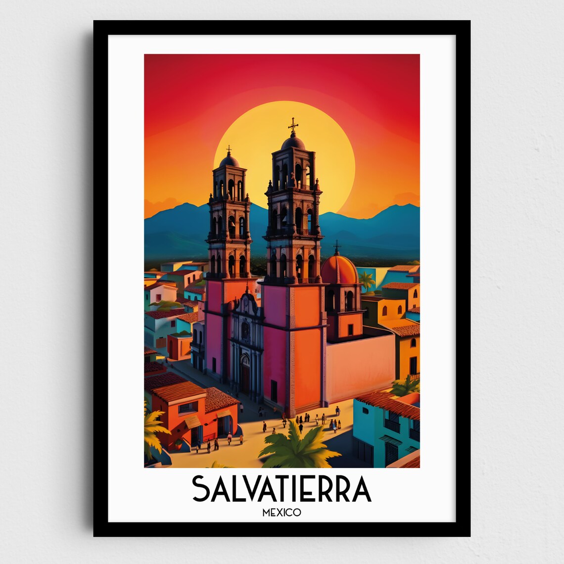 Salvatierra Twin Church Towers Sunset Mexico Travel Art Poster