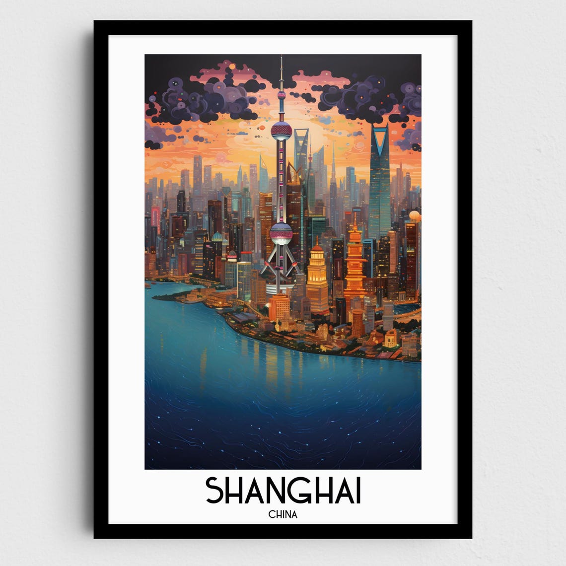 Shanghai China Night Oriental Pearl Tower Skyline River Travel Poster