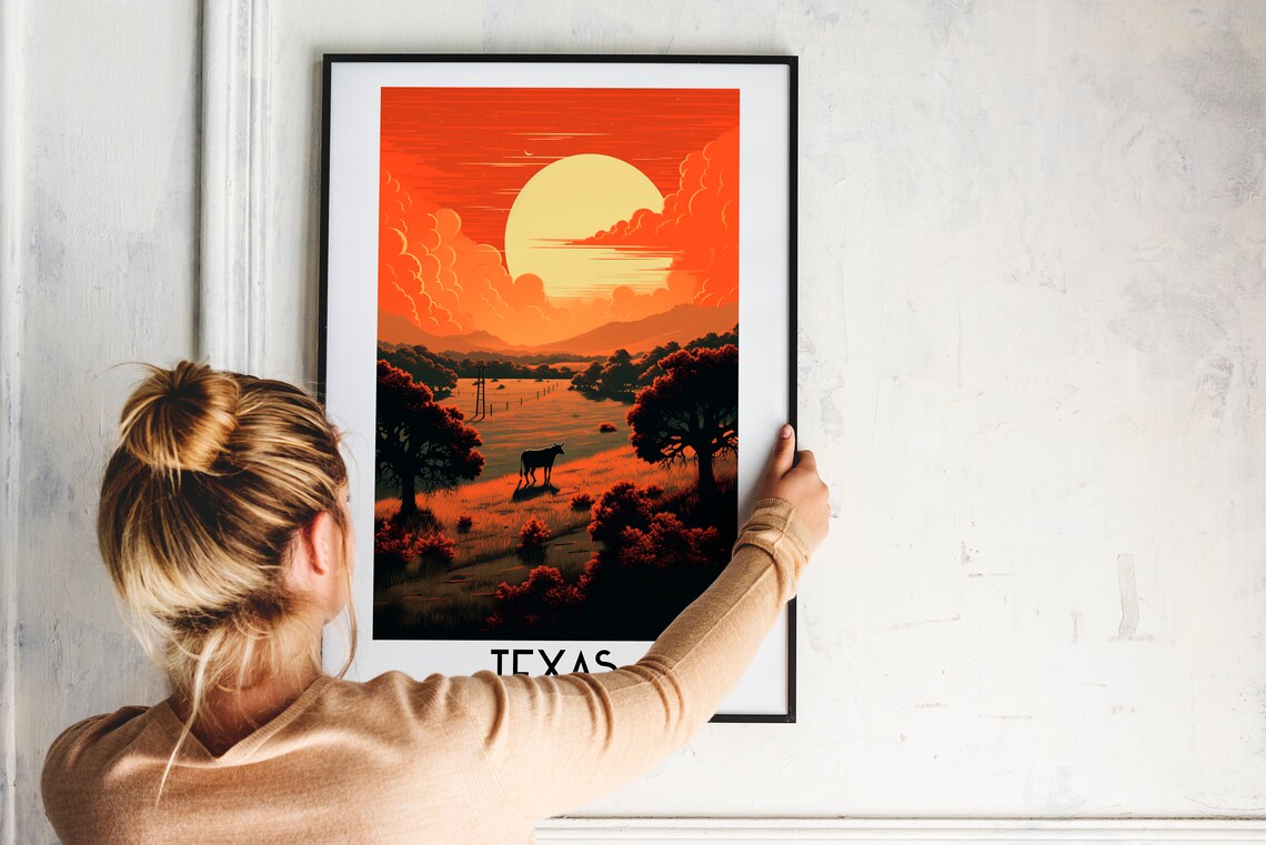 Texas USA Longhorn Sunset Giant Sun Western Vintage Travel Poster - Image 2