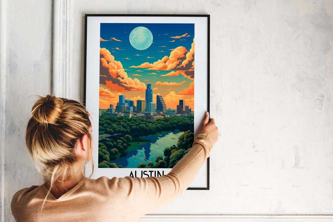 Austin Texas Night Skyline Moon Over Lake Vintage Travel Poster - Image 2