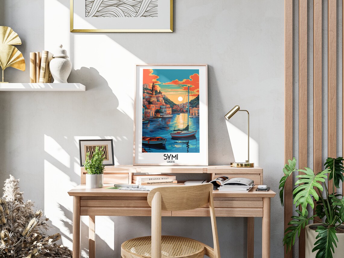 Symi Greece Harbor Sunset Sailboats Hillside Retro Travel Poster - Image 3