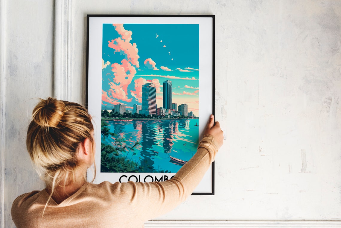 Colombo Sri Lanka Skyline Lake Reflection Vintage Travel Poster - Image 2