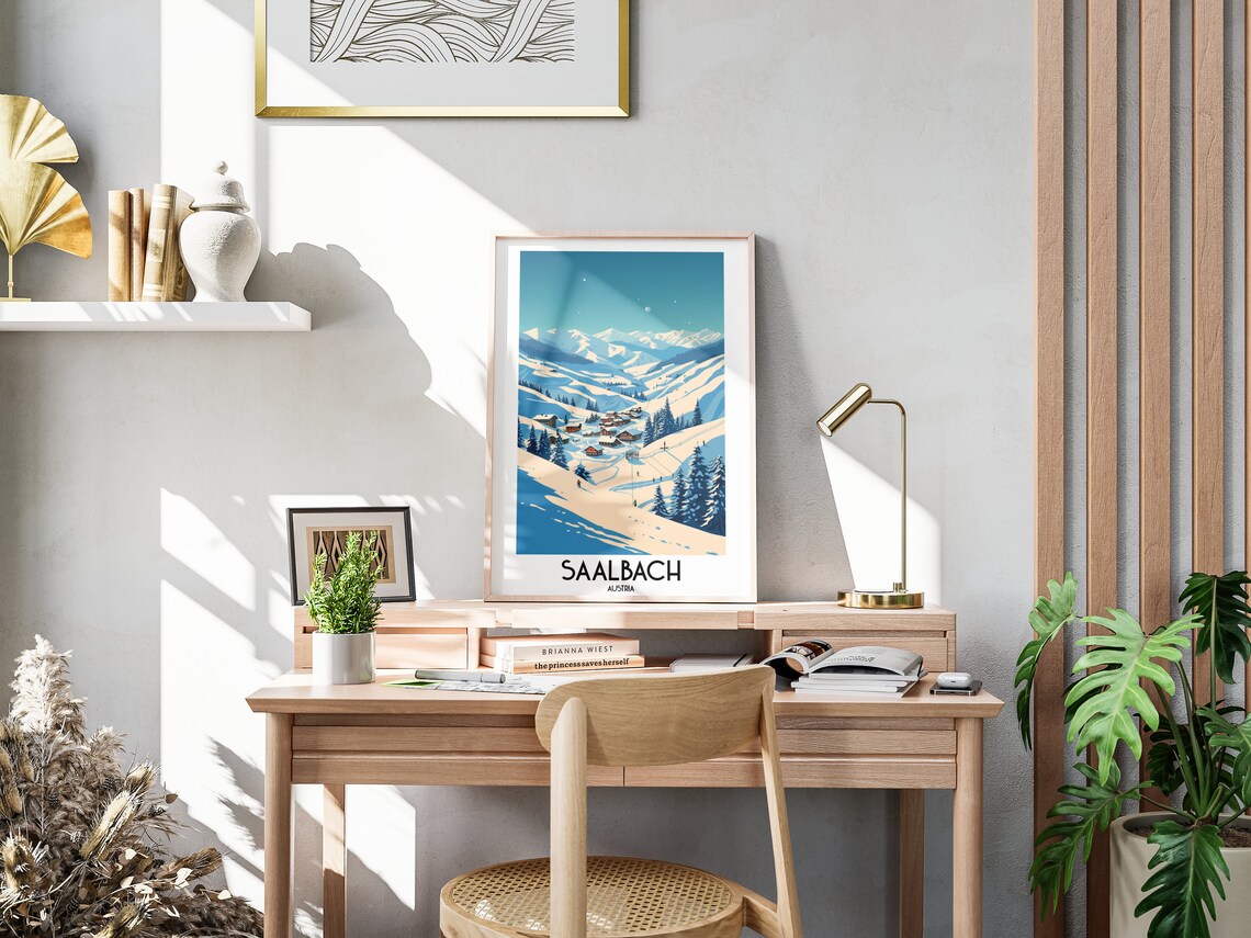 Saalbach Snowy Winter Village Ski Slopes Austria Travel Poster - Image 3
