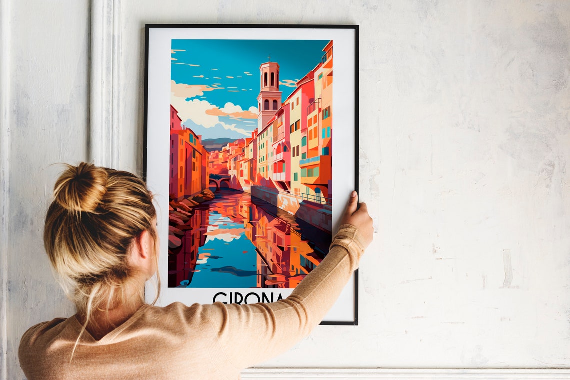 Girona Spain Colorful Riverside Old Town Church Tower Travel Poster - Image 2