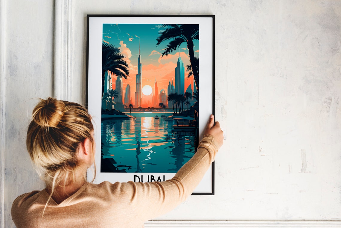 Dubai UAE Sunset Skyline Water Reflection Vintage Travel Poster - Image 2