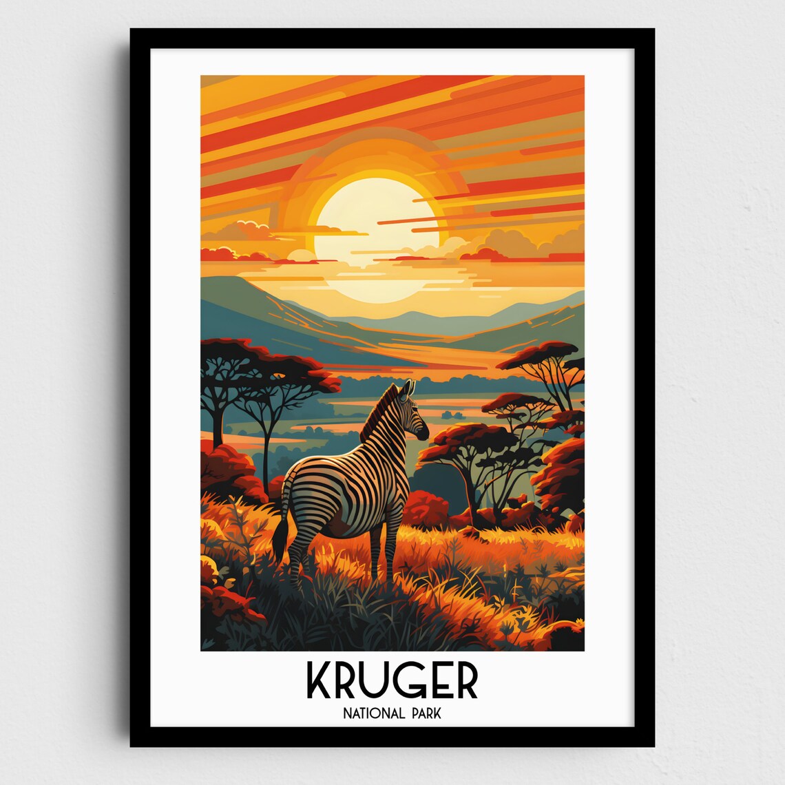 Kruger National Park Zebra Savanna Sunset Wildlife Travel Poster