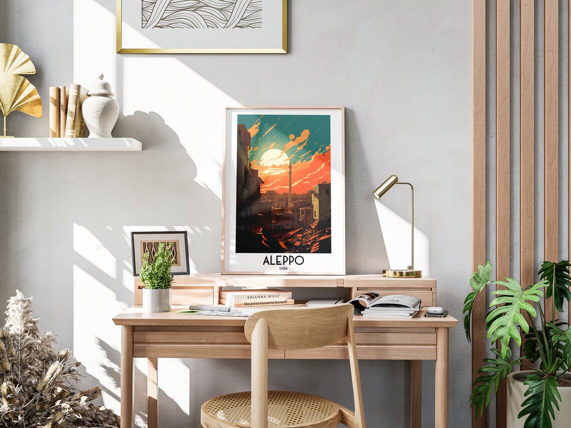 Aleppo Syria Old City Fiery Sunset Minaret Silhouette Travel Poster - Image 3