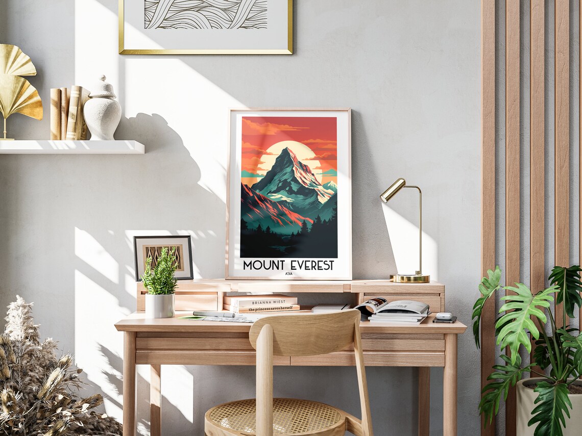 Mount Everest Asia Snow Peak Giant Sun Vintage Travel Art Poster - Image 3