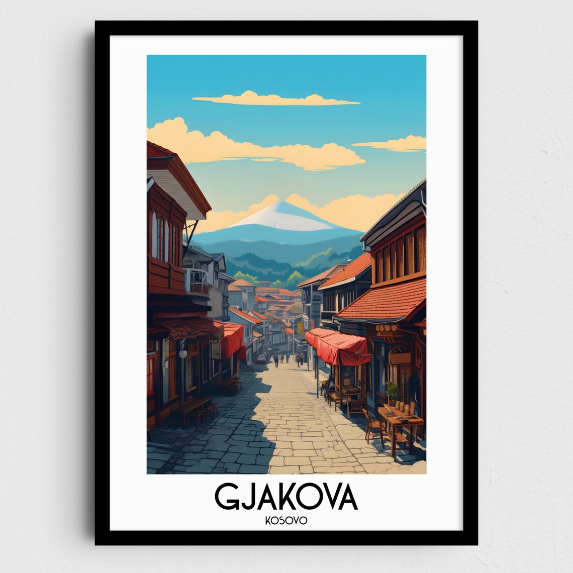 Gjakova Kosovo Travel Poster Old Town Cobblestone Street Mountain View