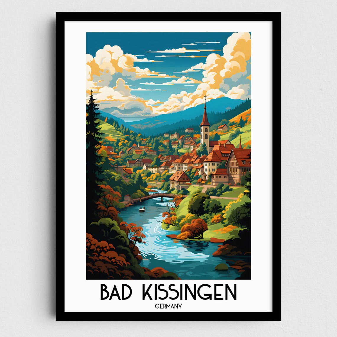 Bad Kissingen Germany Riverside Village Church Vintage Travel Poster