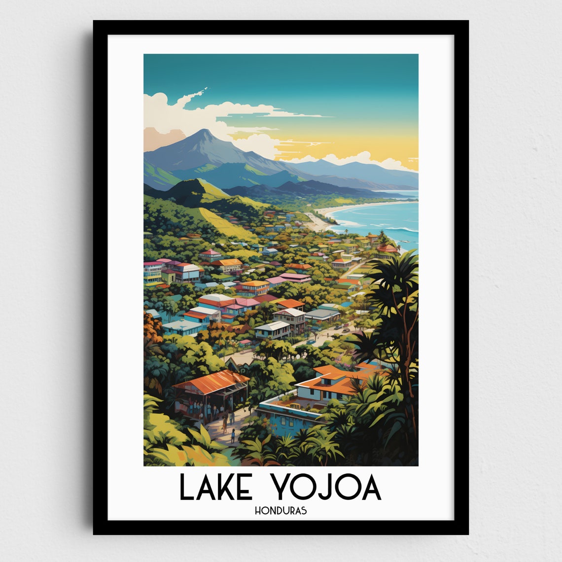 Lake Yojoa Honduras Lakeside Town Volcano View Travel Poster