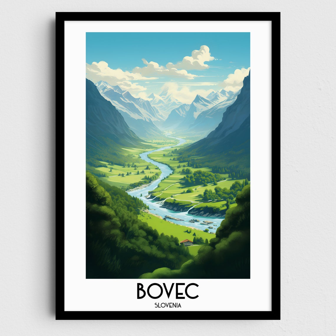 Bovec Slovenia Alpine Valley Winding River Peaks Travel Poster