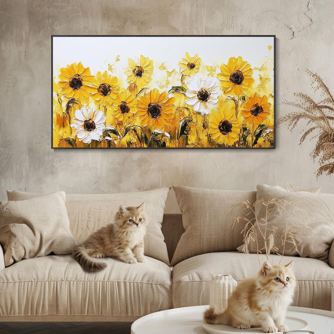 Bright Sunflower Field White Background Golden Impasto Floral Poster - Image 3
