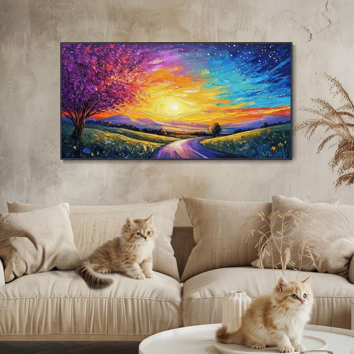 Sunset Starry Night Sky Mountain Country Road Oil Painting Poster - Image 3