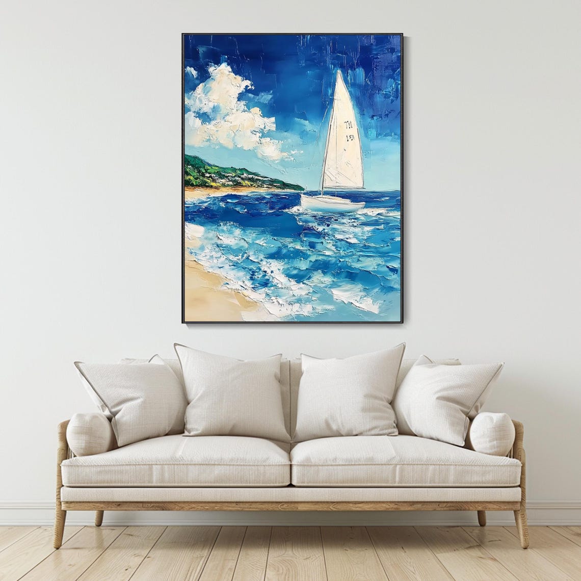 Lone White Sailboat by Sandy Beach Blue Waves Coastal Art Poster - Image 2