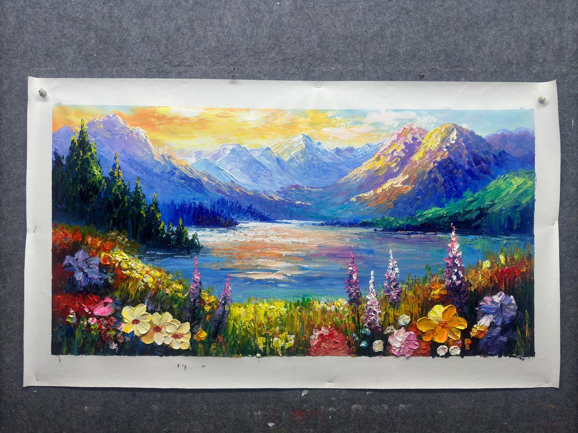 Wildflower Meadow Mountain Lake Sunset Purple Peaks Landscape Poster - Image 4