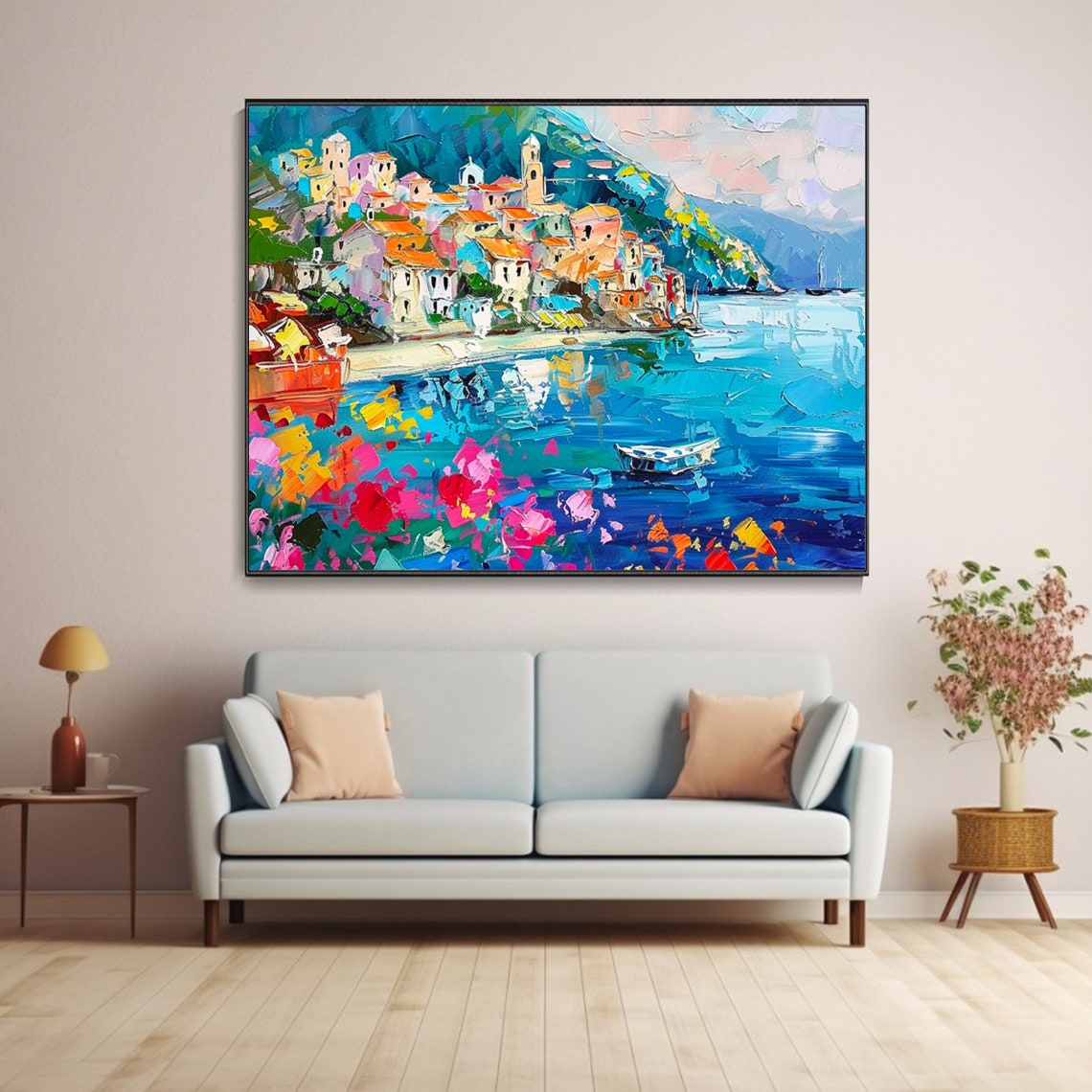 Mediterranean Coastal Village Harbor Blue Sea Palette Knife Poster - Image 4