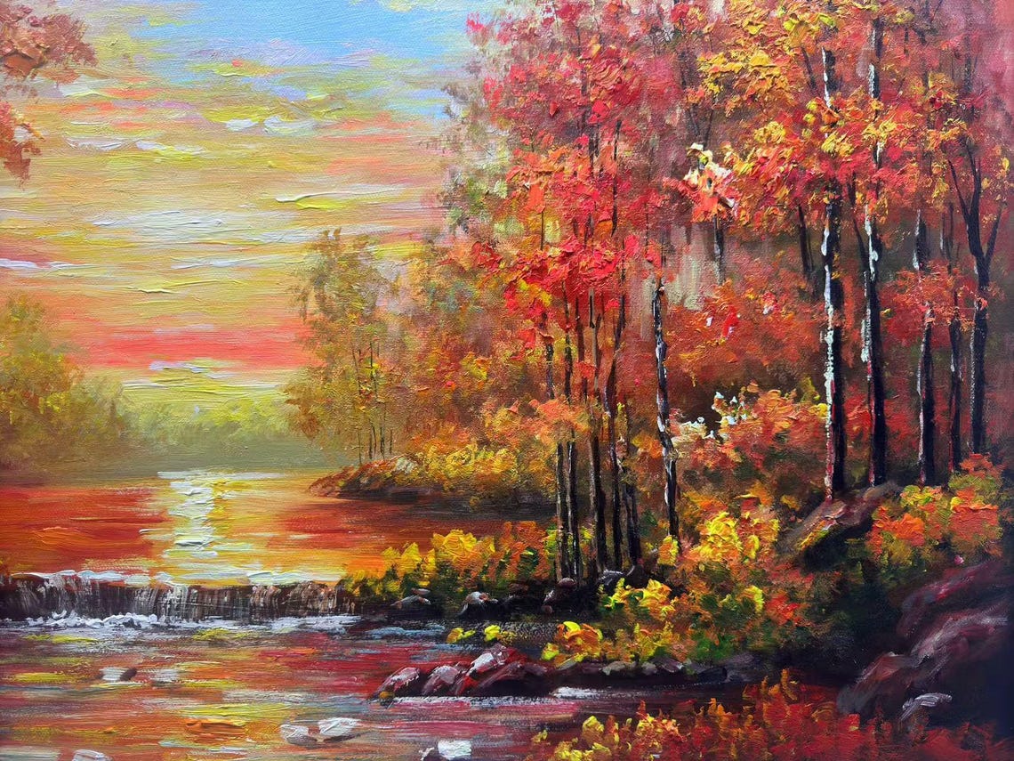 Golden Sunset Autumn Forest River Birds Romantic Landscape Poster - Image 2