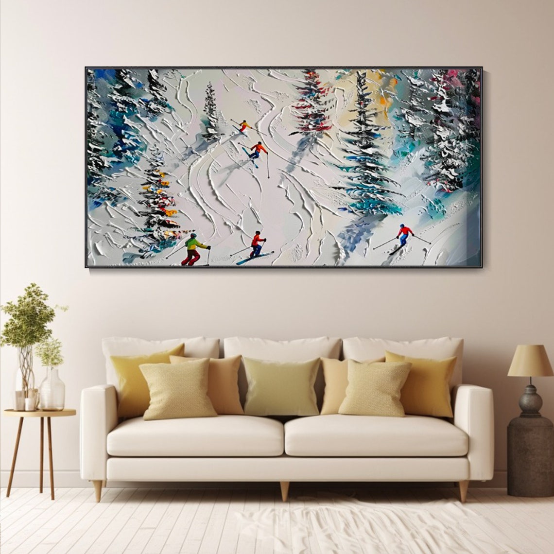 Skiers On Snowy Mountain Slope Winter Sports Painting Poster - Image 4