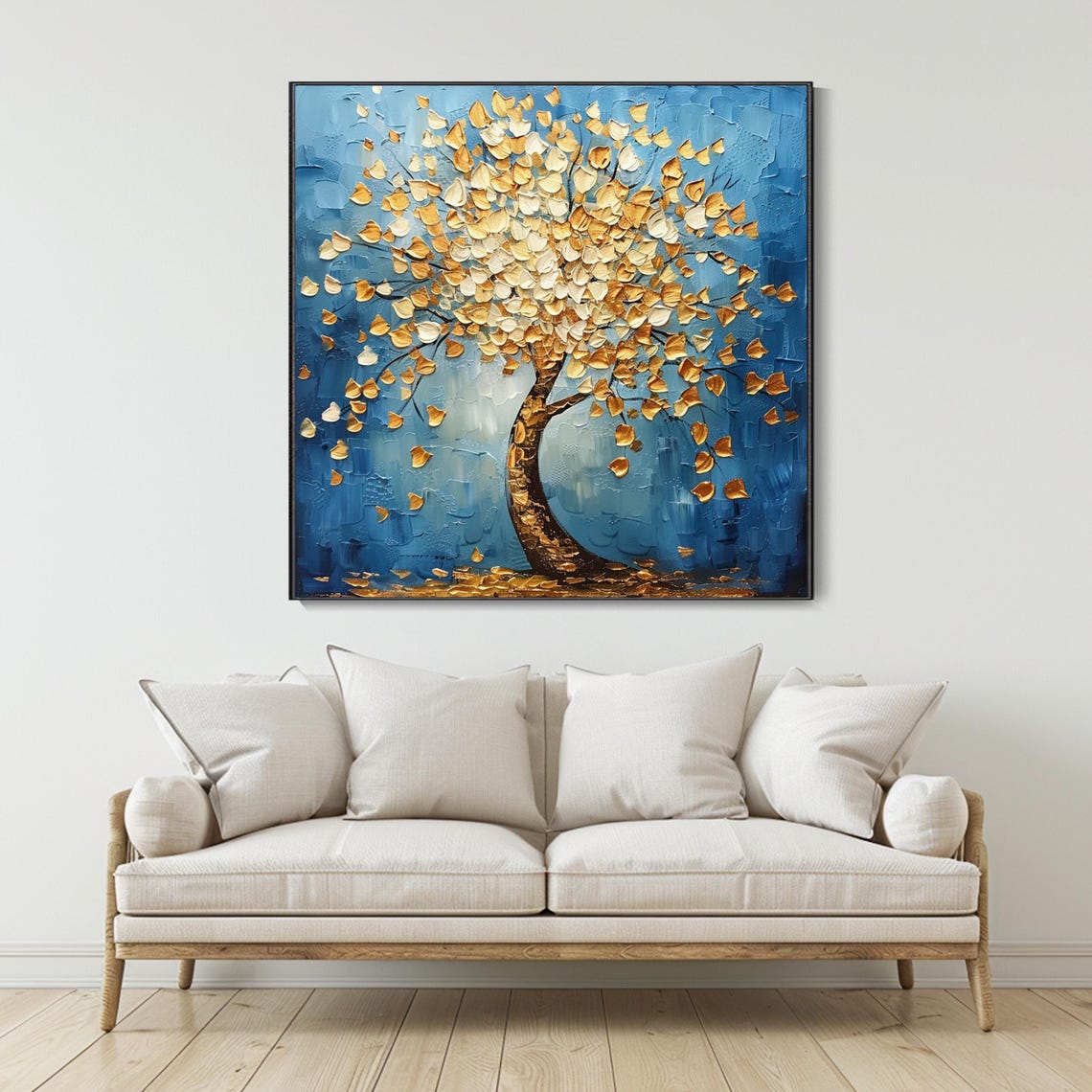 Golden Tree with Gilded Leaves Blue Background Textured Art Poster - Image 3