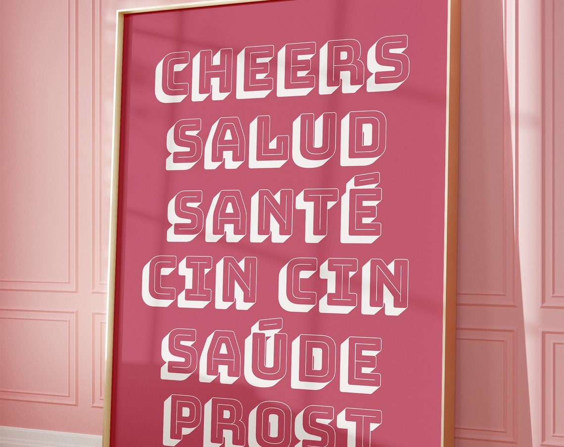 Cheers Salud Sante Multilingual Toast Pink Bar Cart Quote Poster - Image 3