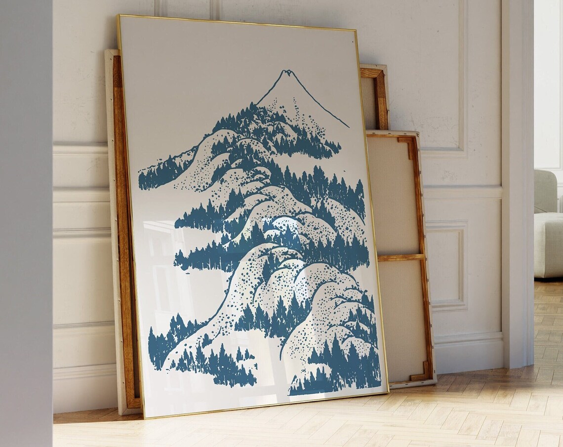Blue Japanese Style Mountain Pine Forest Woodblock Art Poster