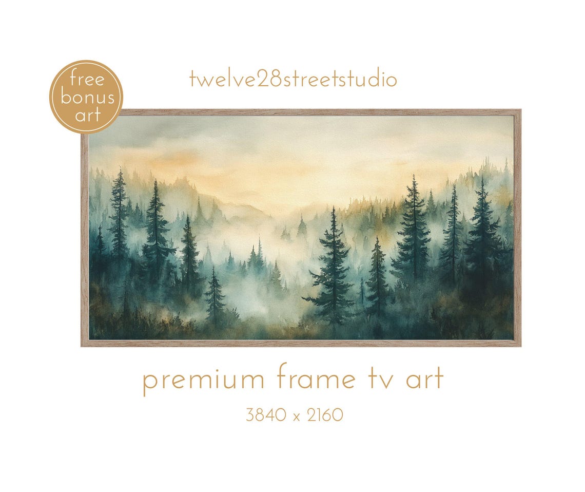 Christmas Pine Forest Watercolor Misty Evergreen Dawn Mountain Poster