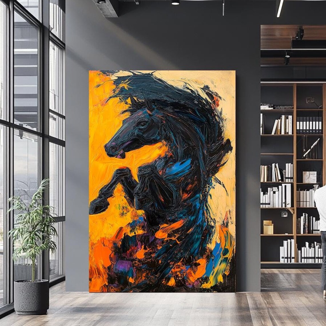 Bold Black Stallion, Vibrant Abstract Decor