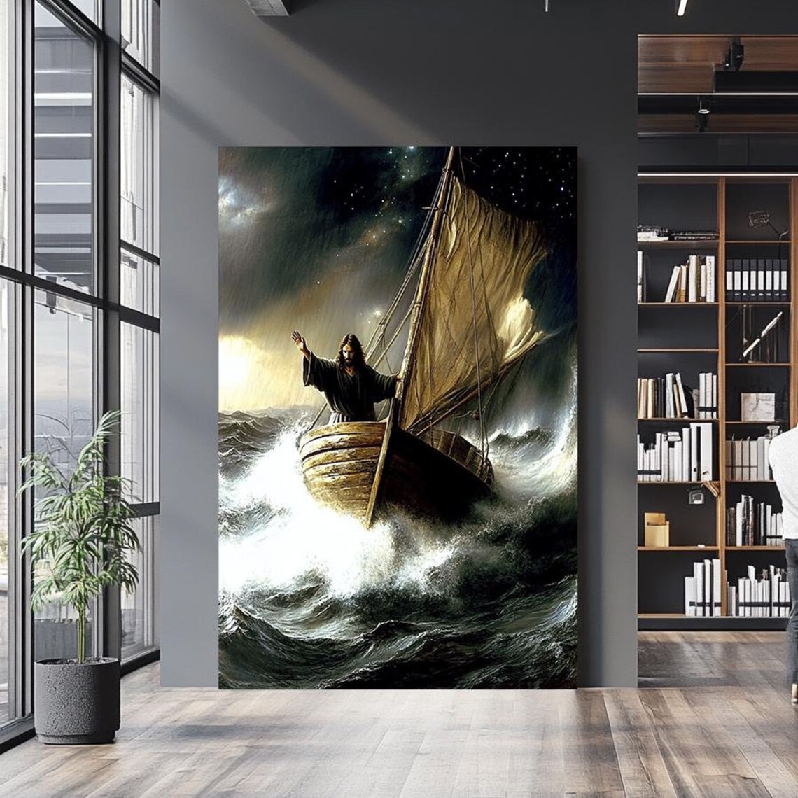 Jesus Calming The Storm In Wooden Sailboat Night Sea Christian Poster