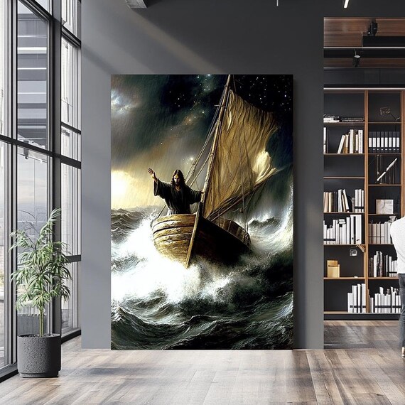 Jesus Calming The Storm In Wooden Sailboat Night Sea Christian Poster