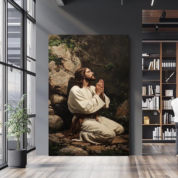 Jesus Praying In Gethsemane Garden Kneeling White Robe Faith Poster