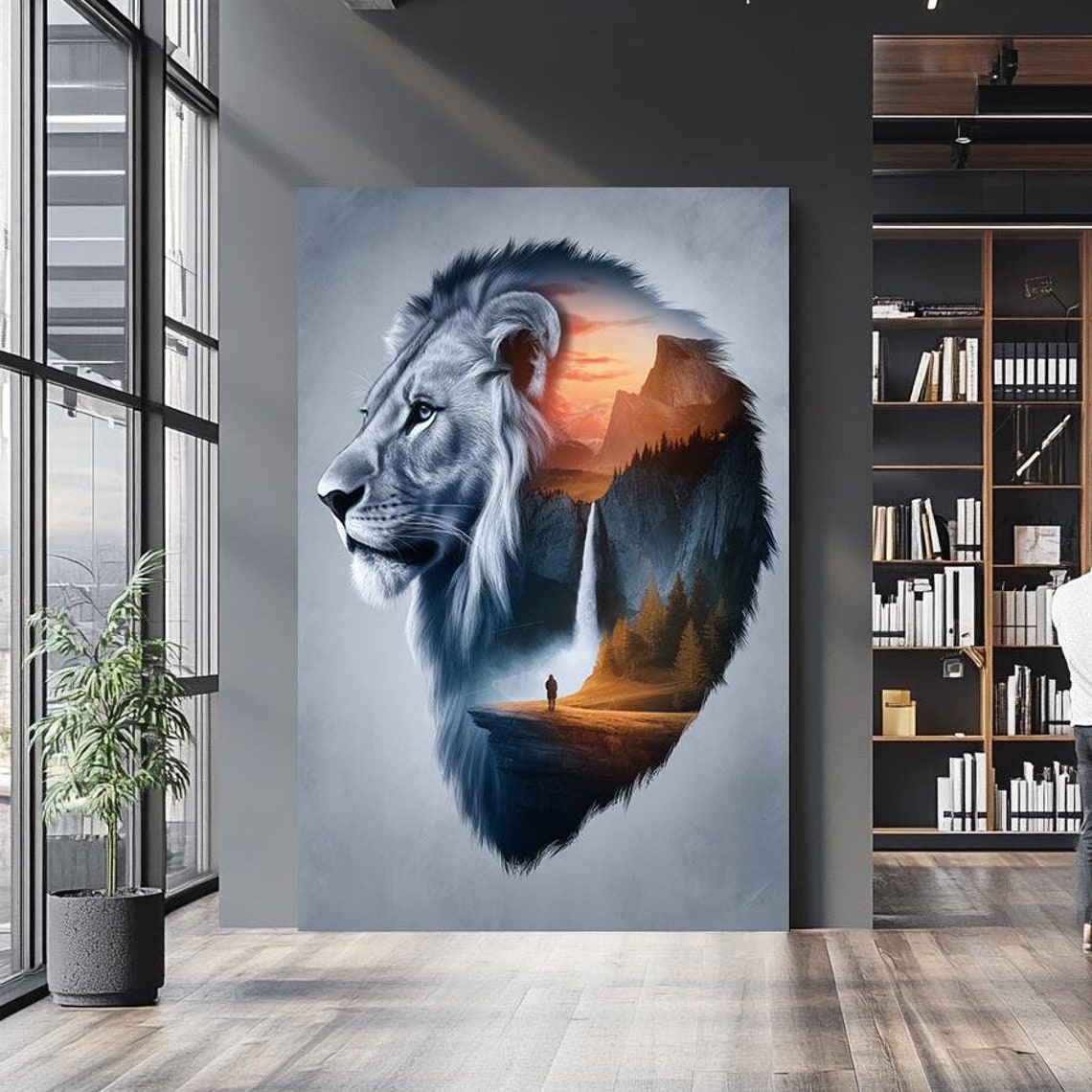 Lion Silhouette Mountain Sunset Waterfall Double Exposure Art Poster