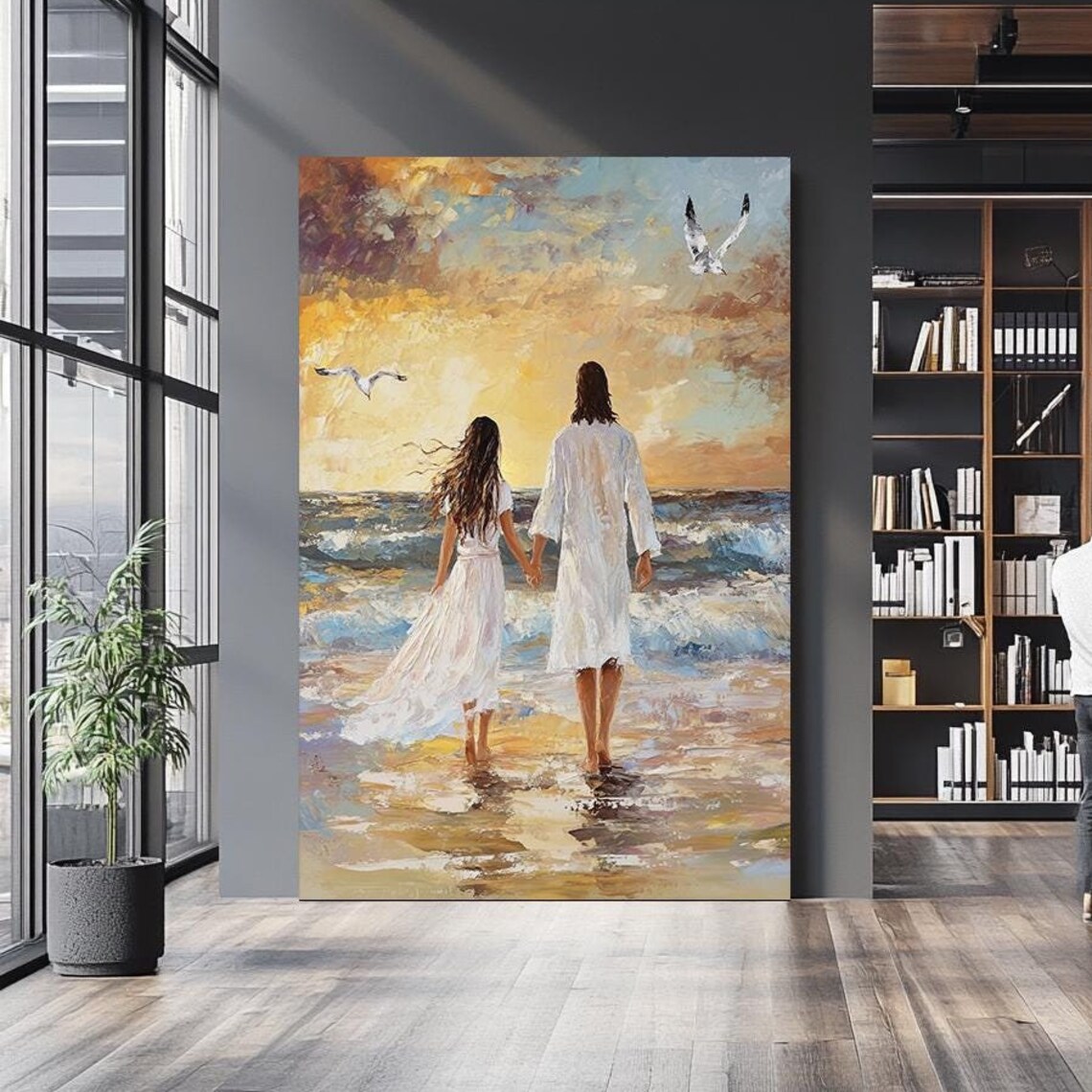 Jesus Walking Hand In Hand With Woman Sunset Beach Romantic Coastal Poster