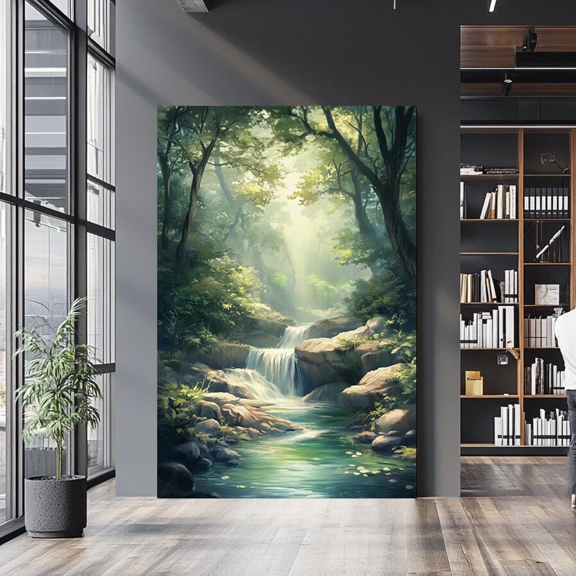 Tranquil Forest Waterfall Serene Stream Sunlight Green Nature Poster