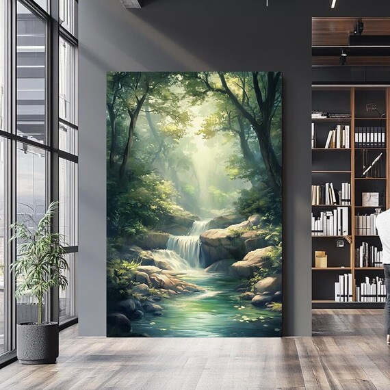 Tranquil Forest Waterfall Art Serene Nature Landscape Wall Decor For Living Room Bedroom Or Office