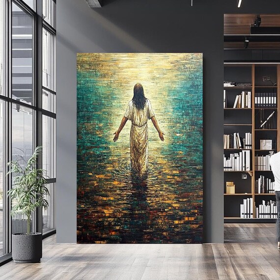Jesus Walking On Water Teal And Gold Impressionist Lake Scene Poster