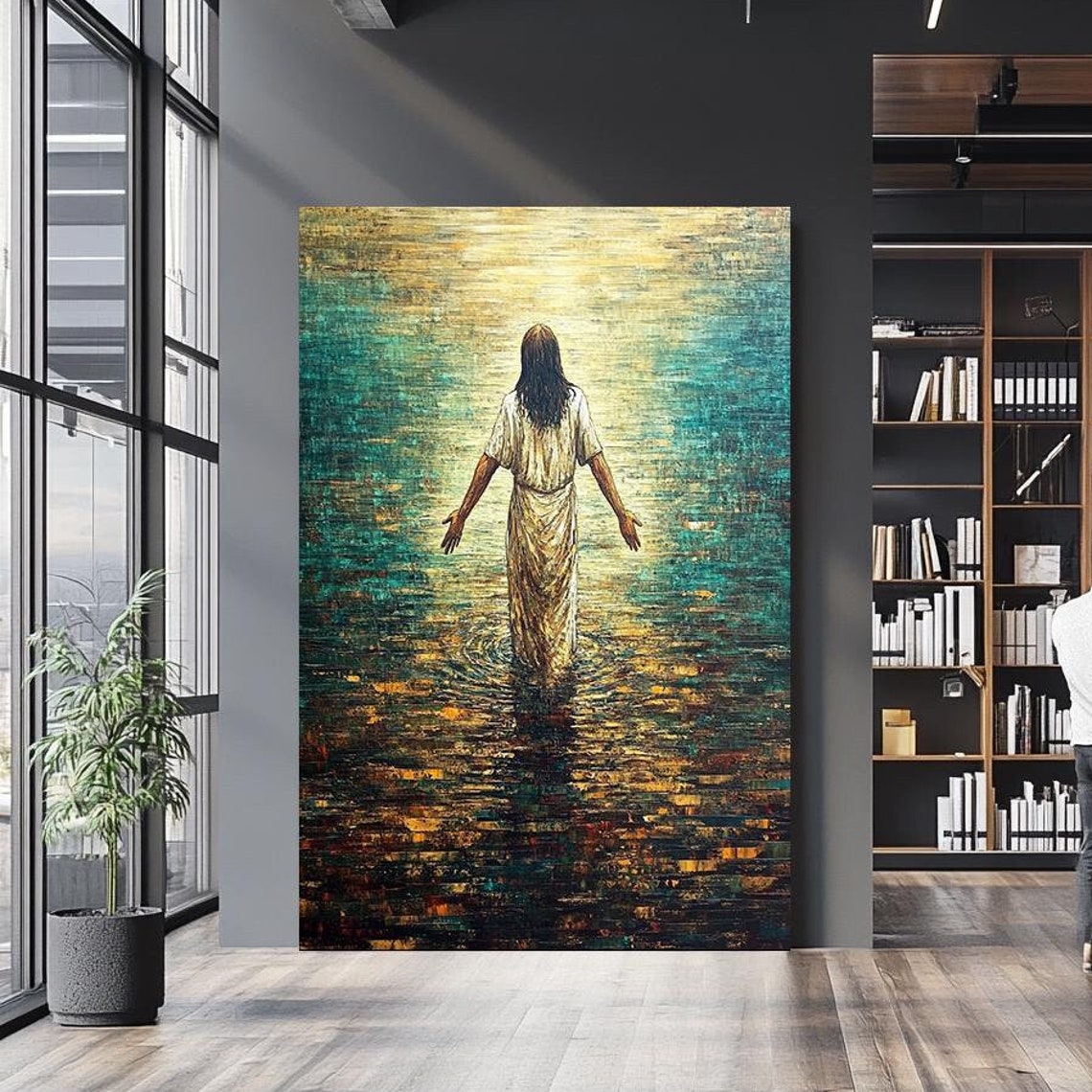 Jesus Walking On Water Teal And Gold Impressionist Lake Scene Poster