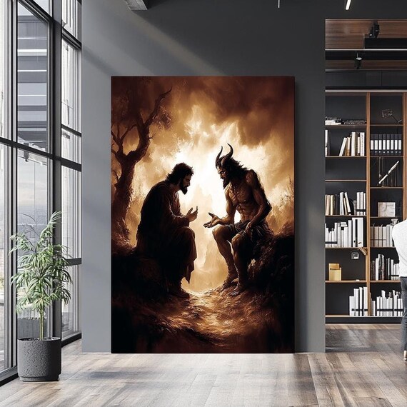 Jesus Facing The Devil In The Desert Temptation Biblical Art Poster