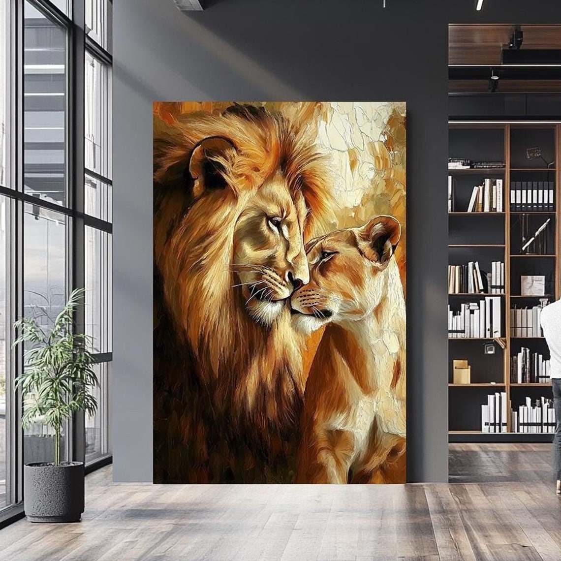 Lion and Lioness Tender Embrace Golden Romantic Wildlife Art Poster