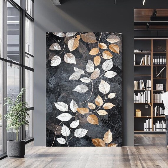 Elegant Gold And Silver Leaf Wall Art Modern Botanical Print On Black Marble Texture Nature Inspired Decor Luxury Home Wall Art