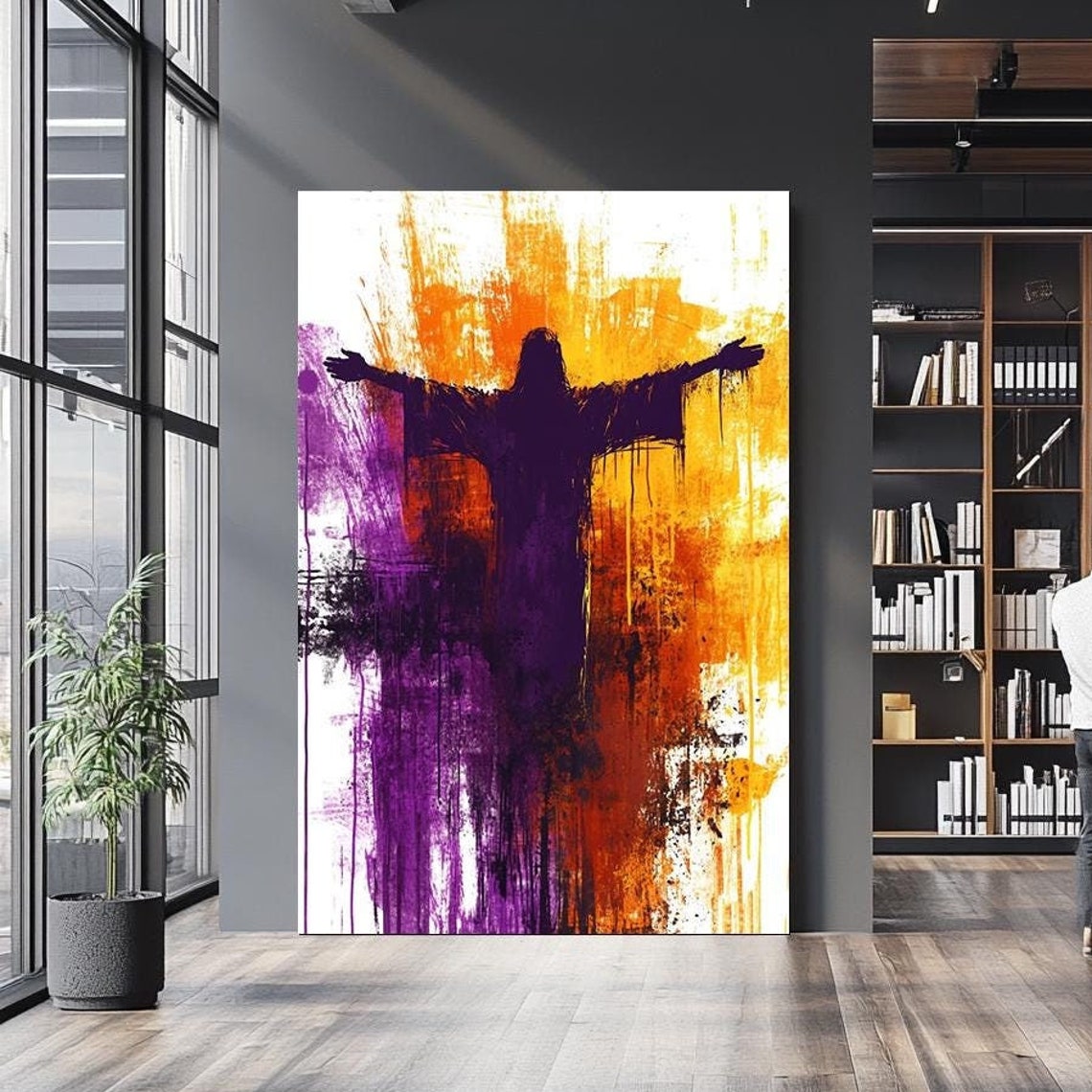 Jesus With Open Arms Orange Purple Abstract Dripping Paint Poster