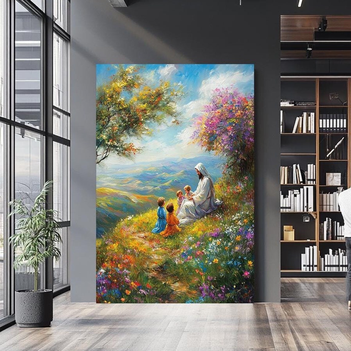 Jesus With Children On Flower Covered Hillside Valley Vista Art Print